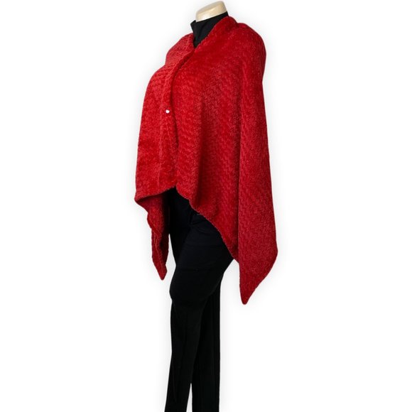 Red Knitted Versatile Shawl V-Neck Poncho Button Sweater Cape - Picture 4 of 7